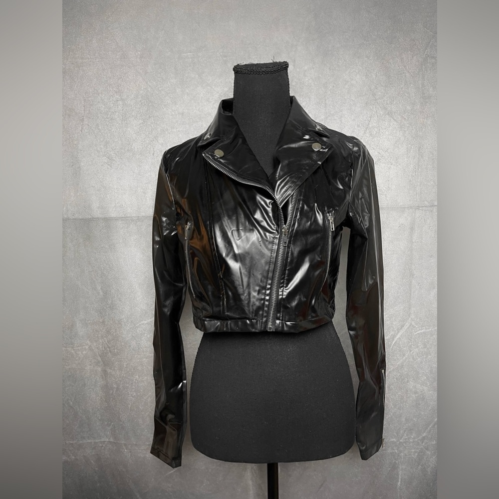 Black latex like lightweight waterproof cropped biker jacket size xs